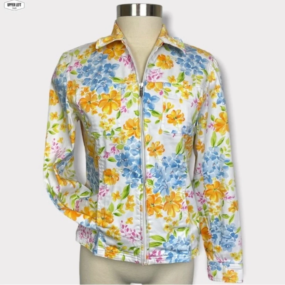 Stretch Denim Floral Jacket Full Zip Y2K Unique Jones New York Small - Picture 2 of 16
